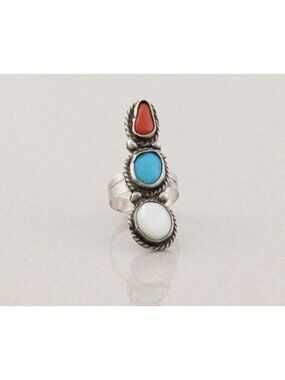 Sterling Silver Natural Coral, Turquoise, Mother of Pearl Ring Size 5 3/4